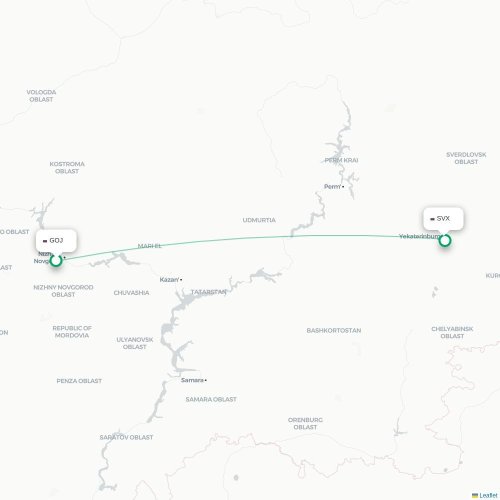 Mapa de vuelo directo Nizhny Novgorod - Ekaterinburgo