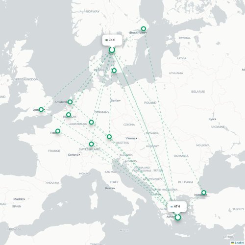 Mapa de vuelo directo Gotemburgo - Atenas
