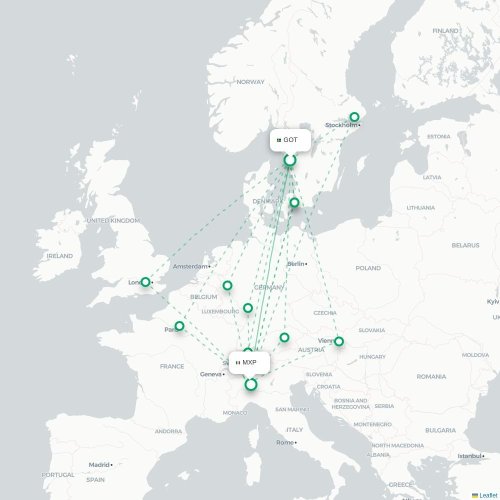 Mapa de vuelo directo Gotemburgo - Milán