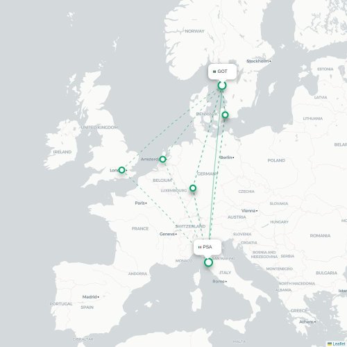 Mapa de vuelo directo Gotemburgo - Pisa
