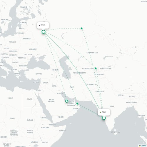 Mapa de vuelo directo Pernem - Moscú