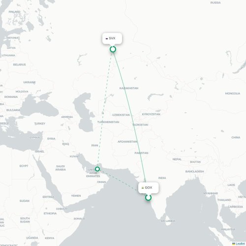 Mapa de vuelo directo Pernem - Ekaterinburgo