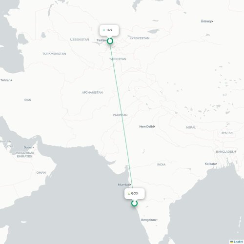 Mapa de vuelo directo Pernem - Taskent