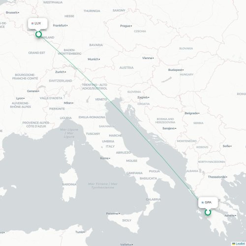 Mapa de vuelo directo Patrás Occidental - Luxemburgo