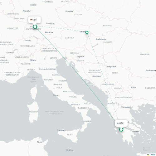 Mapa de vuelo directo Patrás Occidental - Stuttgart