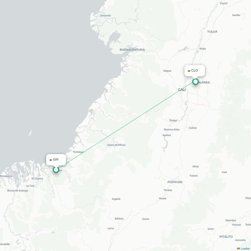 Mapa de vuelo directo Guapi - Santiago de Cali