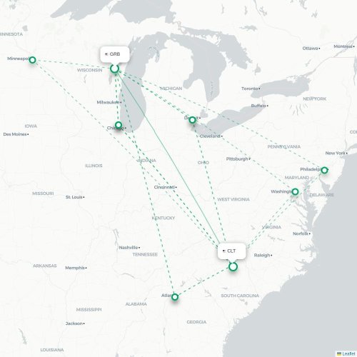 Mapa de vuelo directo Green Bay - Charlotte