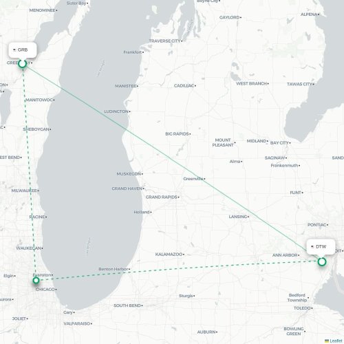 Mapa de vuelo directo Green Bay - Detroit