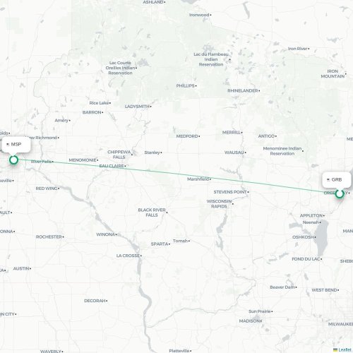Mapa de vuelo directo Green Bay - Mineápolis