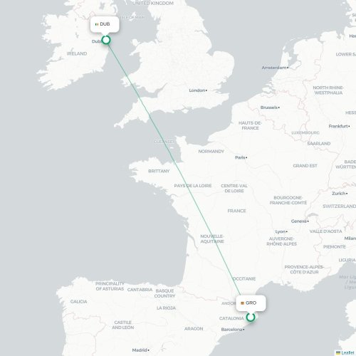 Mapa lotu bezpośredniego Girona – Dublin