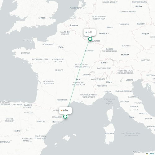Mapa de vuelo directo Gerona - Luxemburgo
