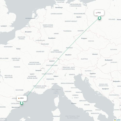 Mapa lotu bezpośredniego Girona – Poznań