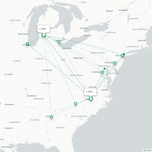 Mapa de vuelo directo Grand Rapids - Raleigh