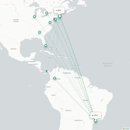 Mapa de vuelo directo São Paulo - Boston
