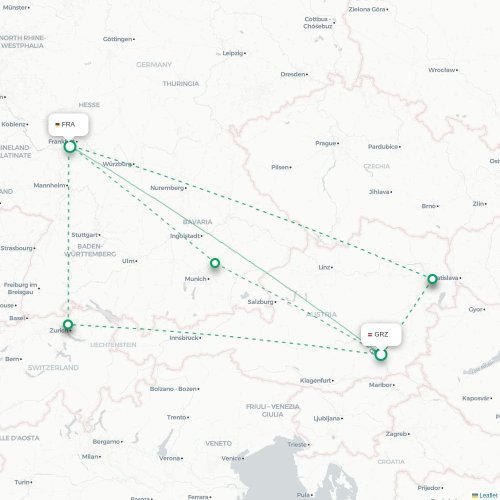 Mapa lotu bezpośredniego Graz – Frankfurt nad Menem