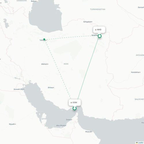 Mapa lotu bezpośredniego Qeshm – Meszhed