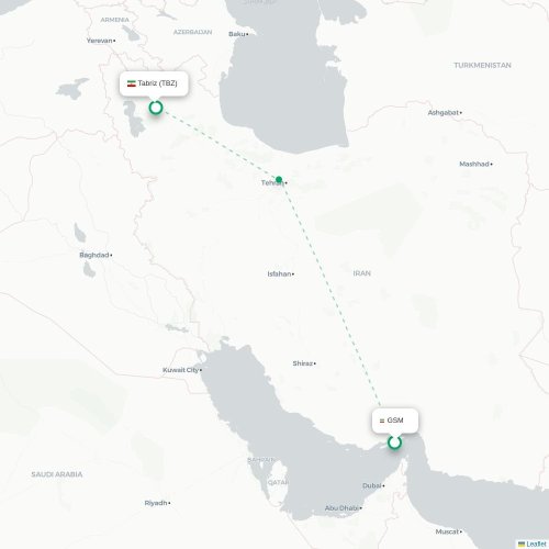 Mapa lotu bezpośredniego Qeshm – Tabriz