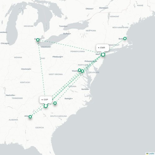 Mapa lotu bezpośredniego Greenville – Newark