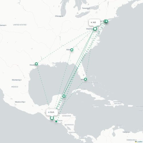 Mapa de vuelo directo Ciudad de Guatemala - Washington D. C.