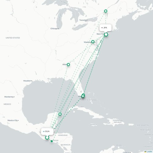 Mapa de vuelo directo Ciudad de Guatemala - Nueva York
