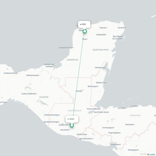 Guatemala-stad - Mérida kaart van rechtstreekse vlucht