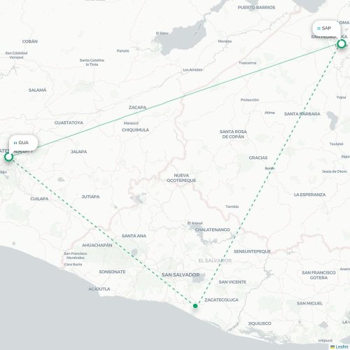 Mapa lotu bezpośredniego Gwatemala – San Pedro Sula