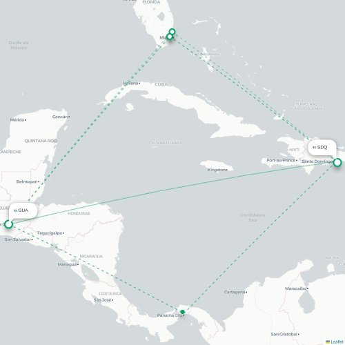 Mapa de vuelo directo Ciudad de Guatemala - Santo Domingo