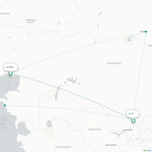 Mapa de vuelo directo Atyrau - Shymkent