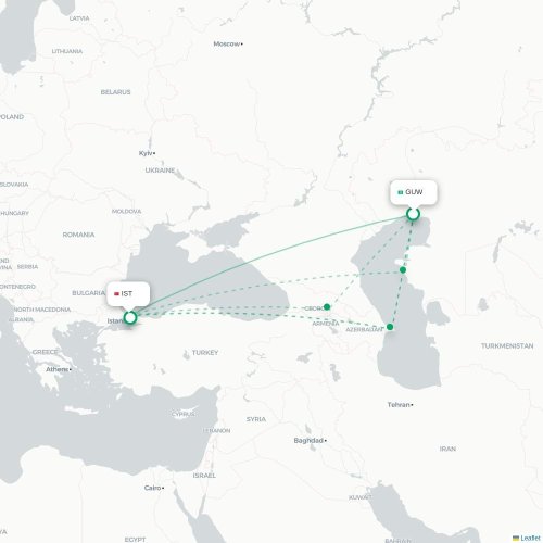 Mapa de vuelo directo Atyrau - Estambul