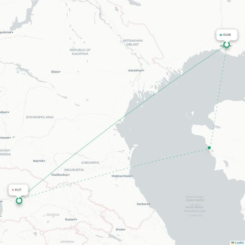 Mapa de vuelo directo Atyrau - Kutaisi