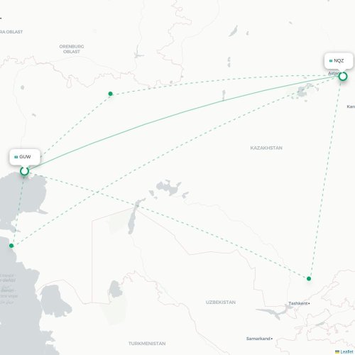 Mapa de vuelo directo Atyrau - Astana