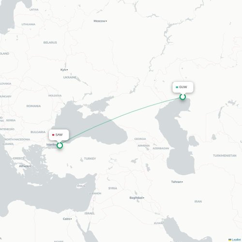 Mapa de vuelo directo Atyrau - Estambul
