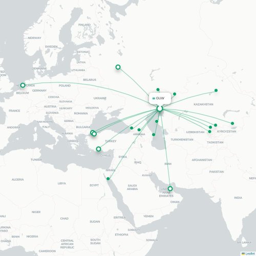 Mapa de vuelo directo Atyrau - Taskent