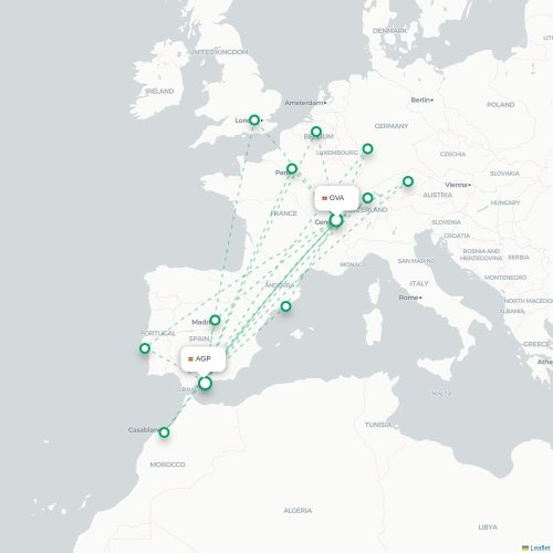 Mapa de vuelo directo Ginebra - Málaga