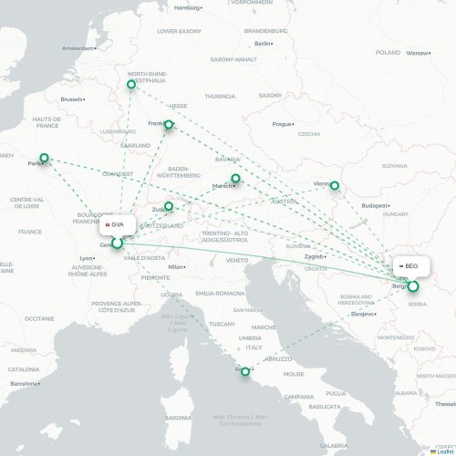Mapa de vuelo directo Ginebra - Belgrado