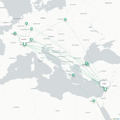 Mapa lotu bezpośredniego Genewa – Bejrut