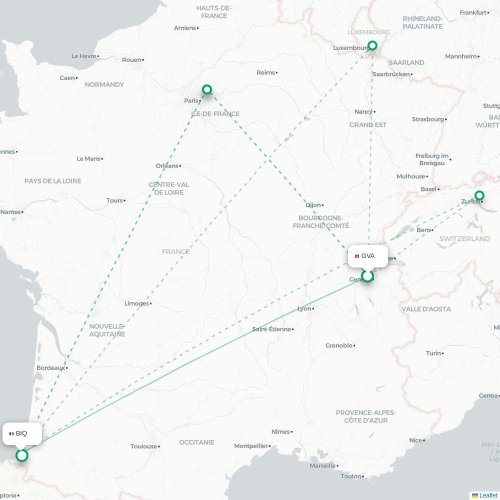 Mapa de vuelo directo Ginebra - Biarriz