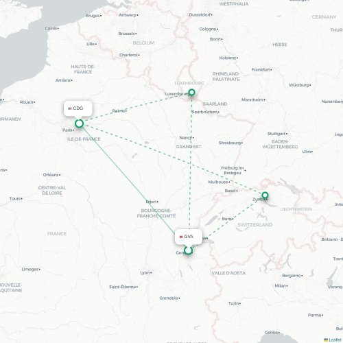 Mapa de vuelo directo Ginebra - París