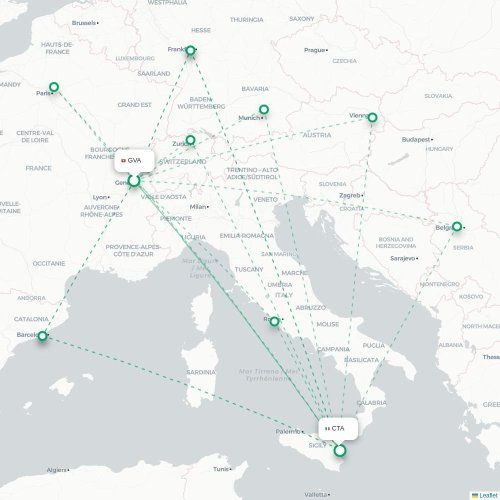 Geneve - Catania karta över direktflyg