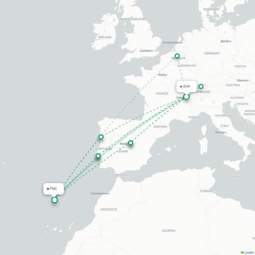 Mapa de vuelo directo Ginebra - Funchal
