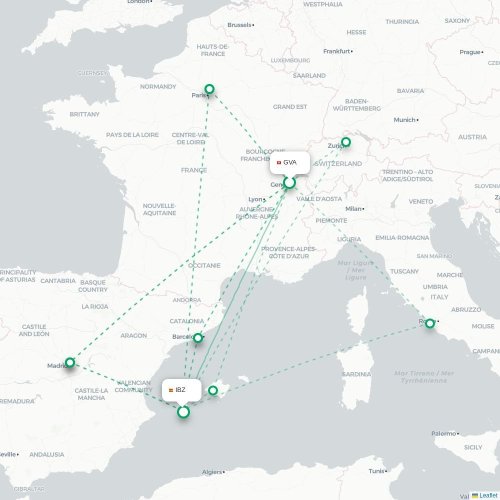 Mapa de vuelo directo Ginebra - Ibiza