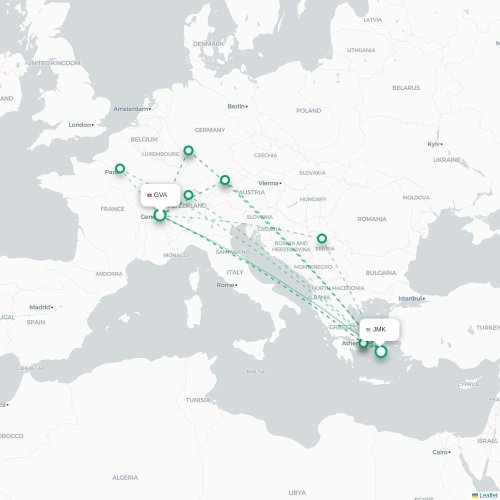 Mapa de vuelo directo Ginebra - Míkonos
