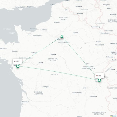 Mapa de vuelo directo Ginebra - Nantes