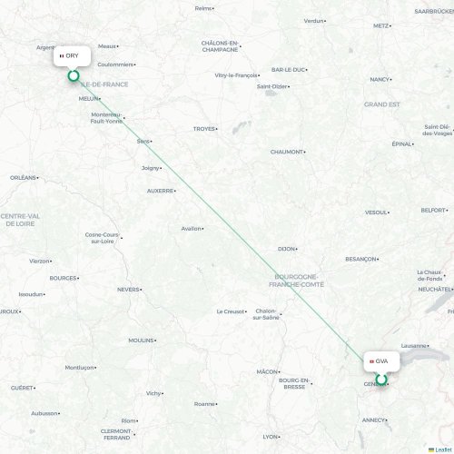 Mapa de vuelo directo Ginebra - París