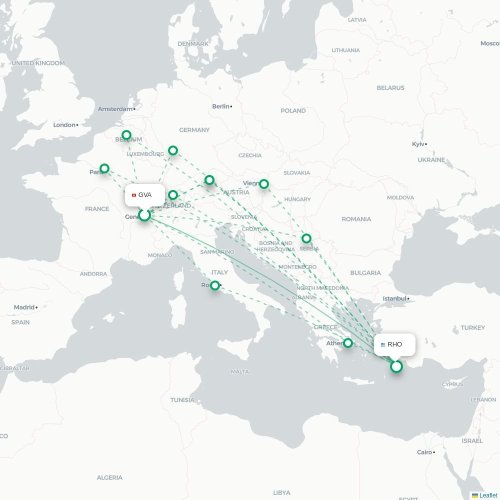 Mapa de vuelo directo Ginebra - Rodas