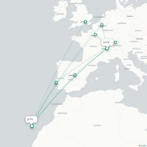 Mapa de vuelo directo Ginebra - Granadilla de Abona
