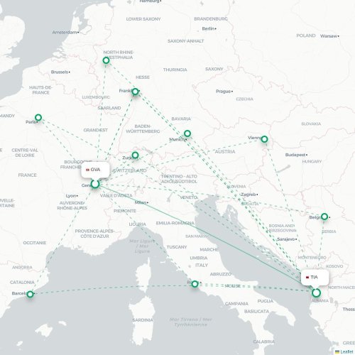 Mapa de vuelo directo Ginebra - Tirana