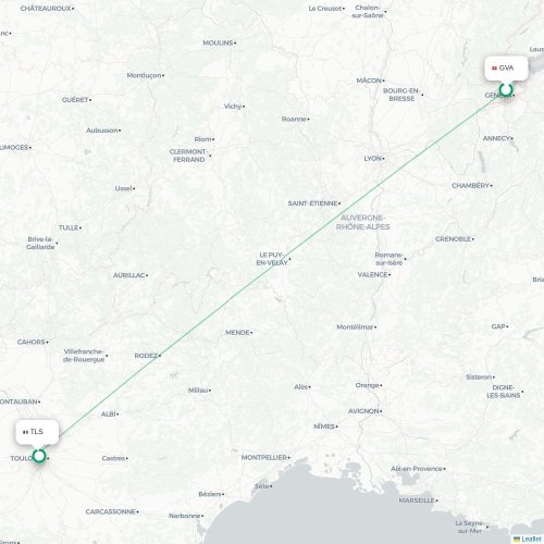 Mapa de vuelo directo Ginebra - Toulouse