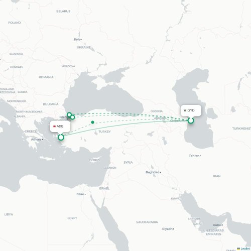 Mapa de vuelo directo Bakú - Esmirna