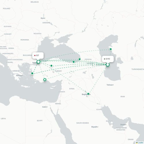 Mapa de vuelo directo Bakú - Estambul